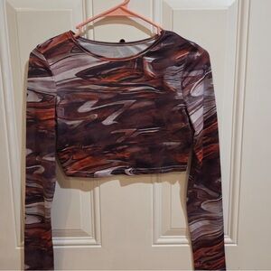Abstract Patterned Long Sleeve Crop Top